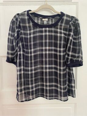 Sheer Plaid Puff-Sleeve Women's Top - Navy & White